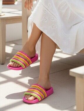 NWT JESSICA SIMPSON Colorful Beaded Slip On Sandals Women 7 Slides Pool Beach